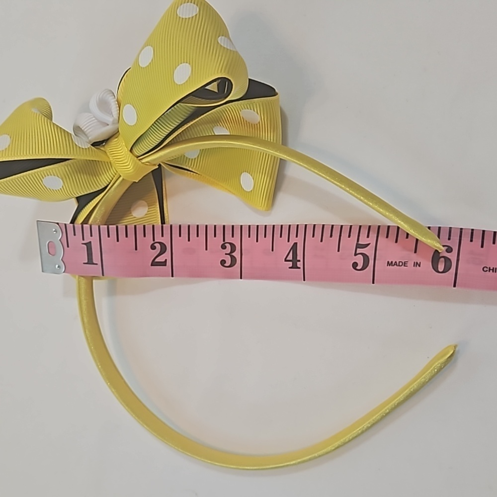 Hand Crafted Handmade Bow Hairband Yellow white polka-dot black contrast ribbon - Picture 12 of 17
